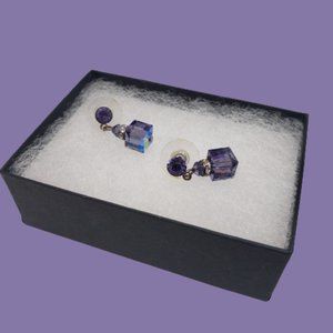 Purple & Clear Cube Dangle/Drop Stud Earrings